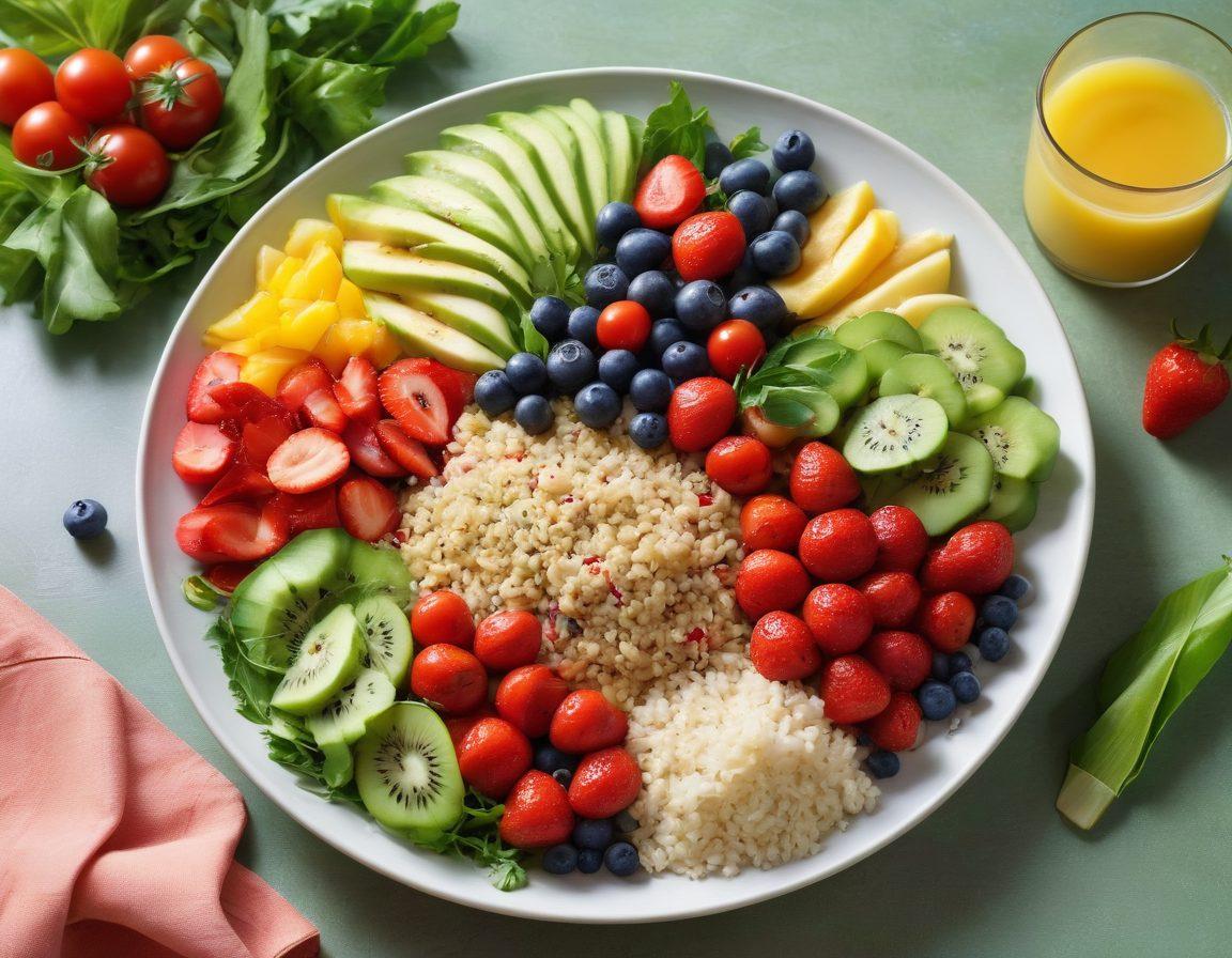 An artistically presented meal plate, filled with vibrant, colorful fruits, vegetables, whole grains, and healthy proteins, symbolizing a balanced diet. In the background, a serene environment with sunlight streaming through green leaves, suggesting calmness and mental clarity. Add gentle waves of happiness in the air, showcasing positivity. super-realistic. vibrant colors. natural setting.