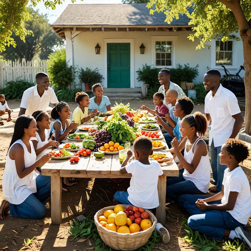 A vibrant scene depicting a diverse group of people sharing a healthy meal in a sunny outdoor setting, symbolizing community and nutrition. Surround them with elements like fresh fruits and vegetables, bright smiles, and children laughing. In the background, a broken chain symbolizes the breaking of the cycle of malnutrition and sorrow. Evoke hope and vitality through bright colors and a warm atmosphere. super-realistic. vibrant colors. outdoor scene.