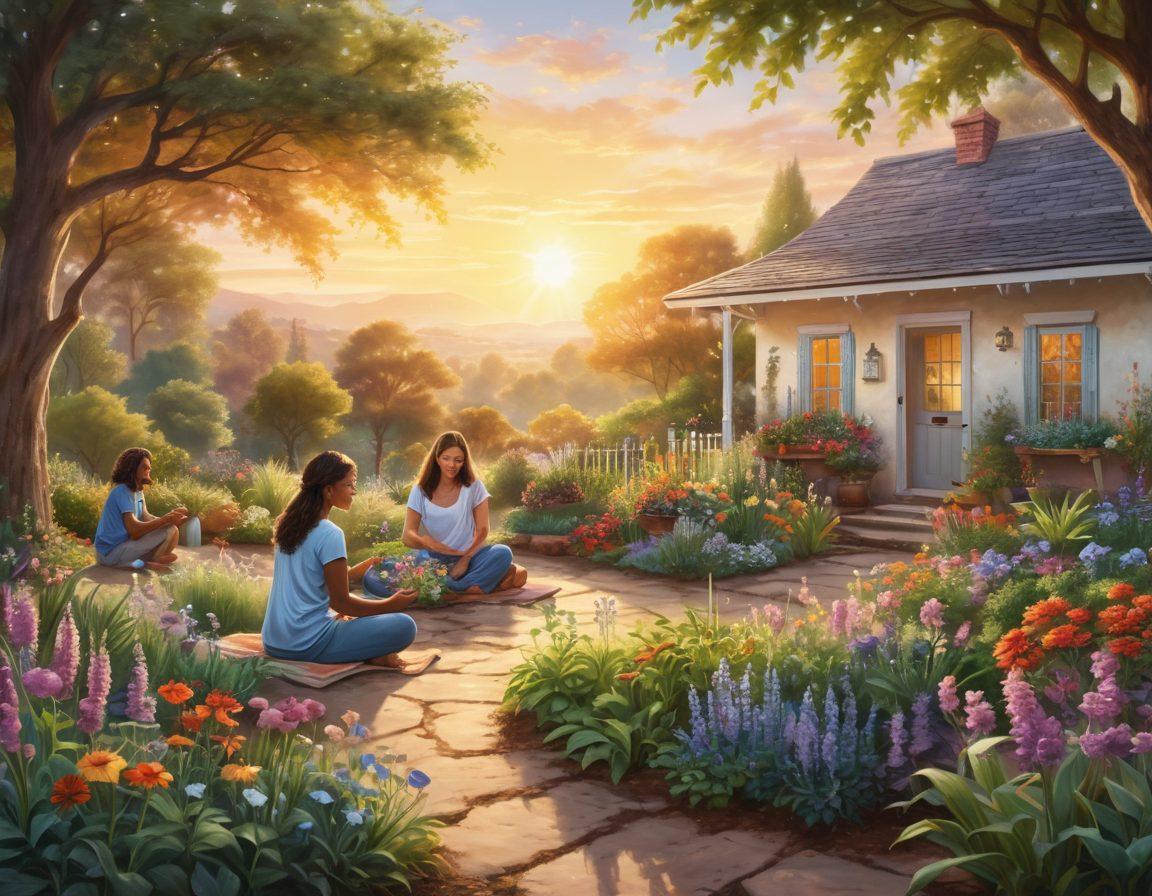 A serene landscape depicting a vibrant garden with flourishing plants, symbolizing growth and nourishment. In the foreground, a diverse group of individuals is engaging in activities of self-care, like gardening, meditating, and cooking healthy meals. The background features a bright sun rising, symbolizing hope and new beginnings. Soft pastel colors to evoke a sense of peace and positivity. vibrant colors. semi-realistic.